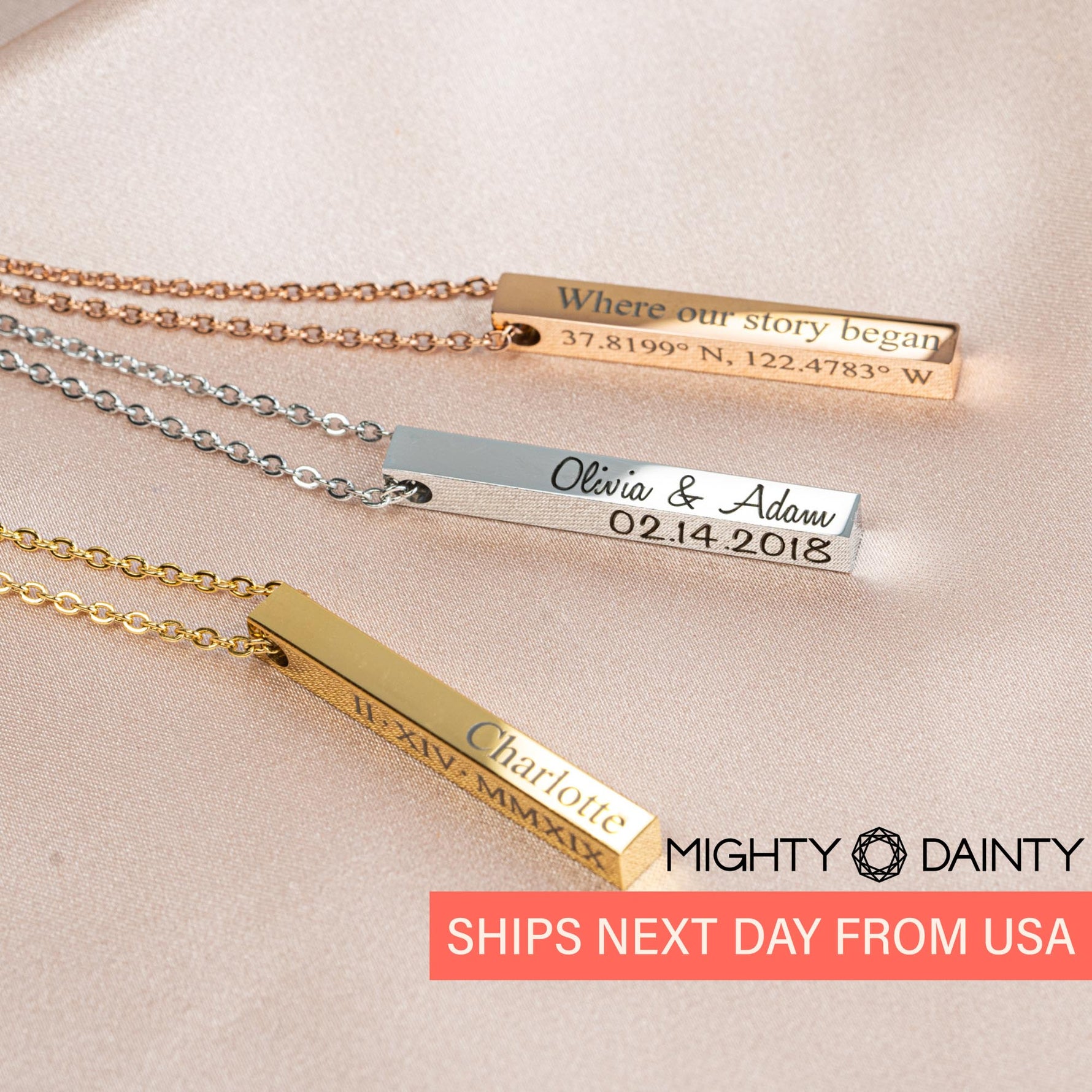 Engraved Personalized Four Sided Vertical Bar Necklace Mighty Dainty