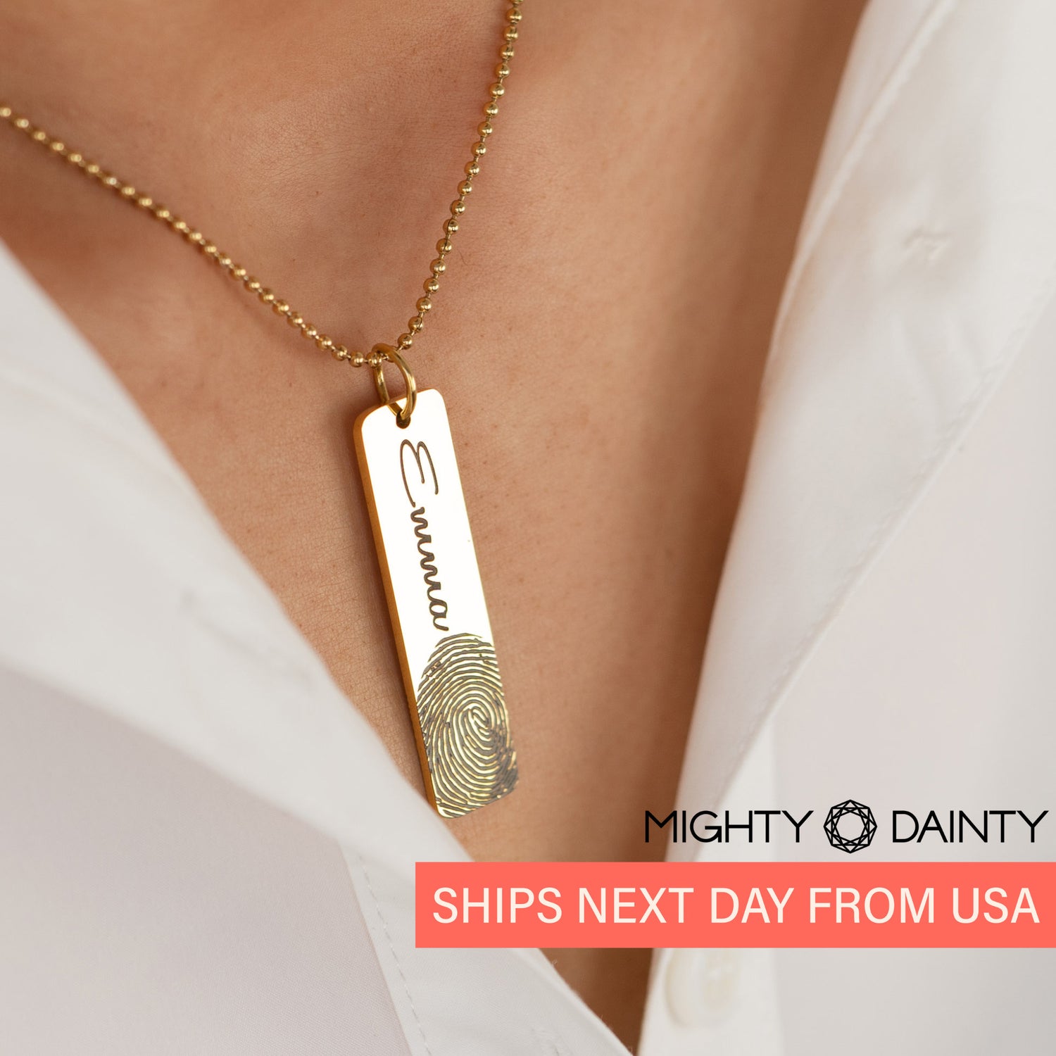 woman wearing personalized fingerprint necklace