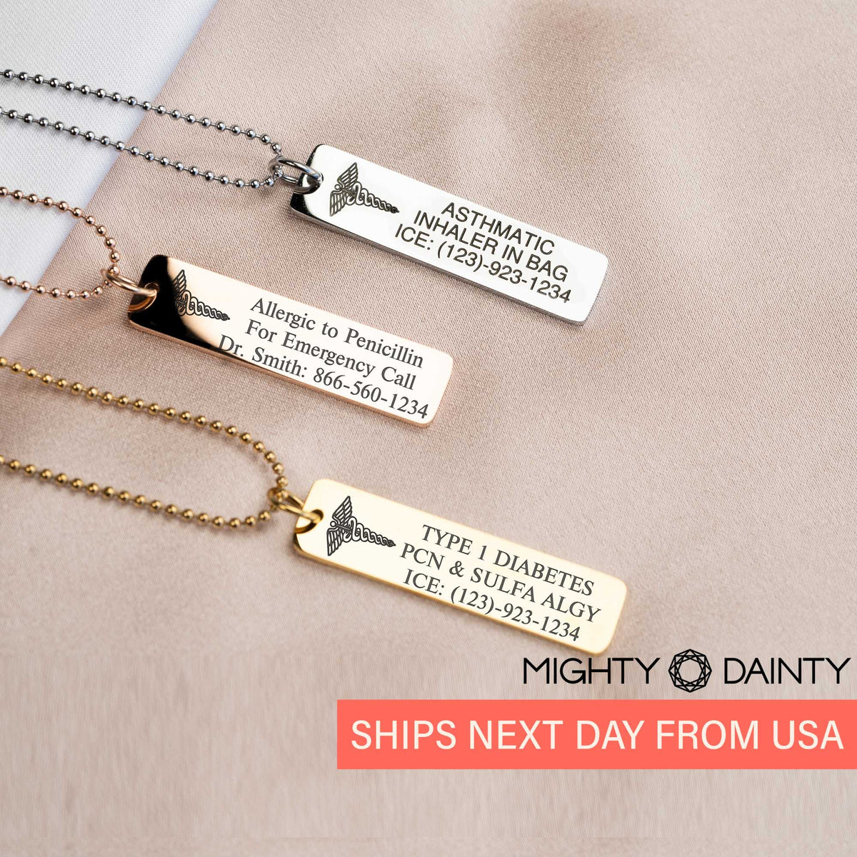 Engraved Medical Alert ID Necklace Pendant - For Allergies, Diabetes, Emergency Info