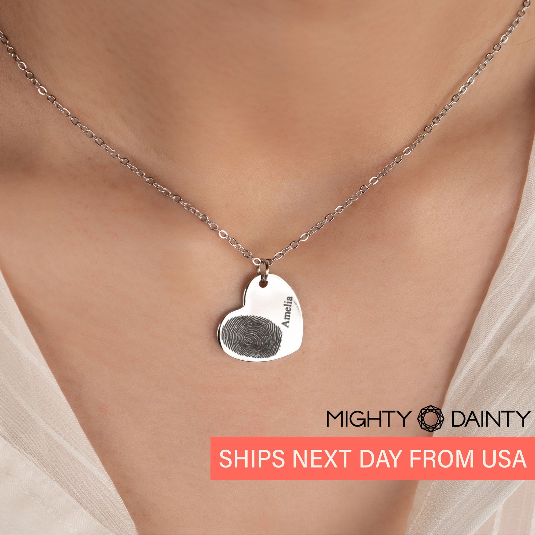woman wearing Fingerprint Heart Necklace